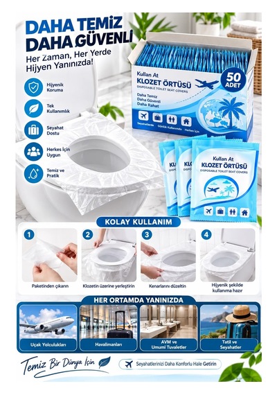 50 Adet Klozet Örtüsü Klozet Poşeti Klozet Kapak Örtüsü Dispenseri Şeffaf