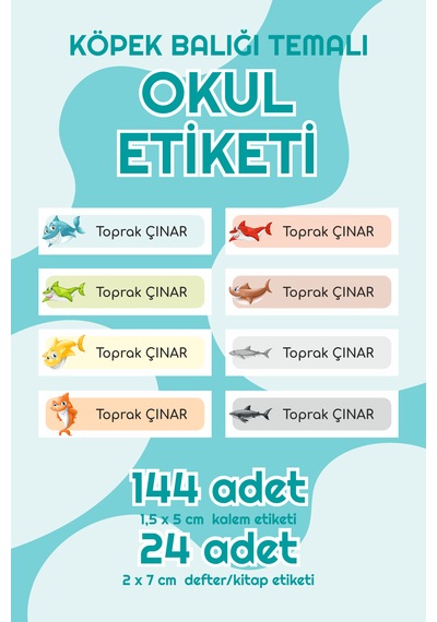 Köpek Balığı Temalı Isimli Okul Etiketi Defter Kalem Sticker Seti