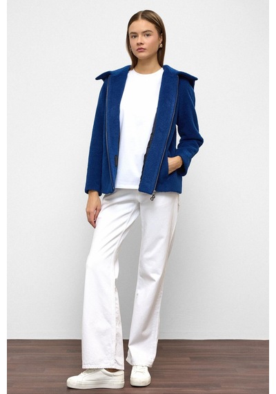 Olcay Çıkabilir Kapüşonlu Fermuar Detaylı Oversize Kaban Saks 3128 Saks Mavi