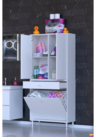 Yeni Afra 75 Cm 2 Gözlü Kirli Çamaşır Sepet, 2 Kapak Ve Çekmeceli 4 Raflı Çok Amaçlı Banyo Dolabı Beyaz Yeni Afra 75 Cm 2 Gözlü Kirli Çamaşır Sepet, 2 Kapak Ve Çekmeceli 4 Raflı Çok Amaçlı Banyo Dolabı Beyaz