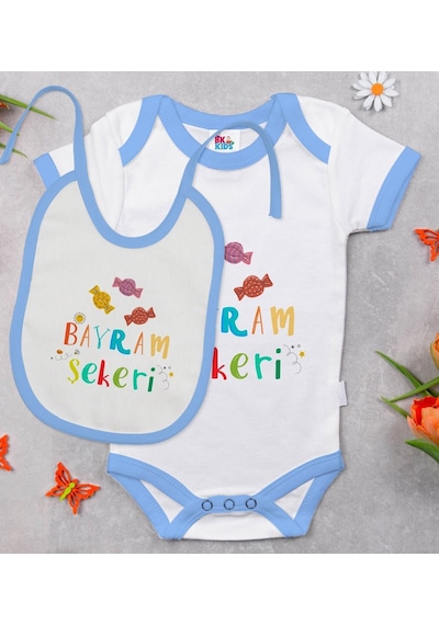 Bk Kids Bayram Şekeri Tasarımlı Mavi Bebek Body Zıbın Ve Mama Önl Çok Renkli