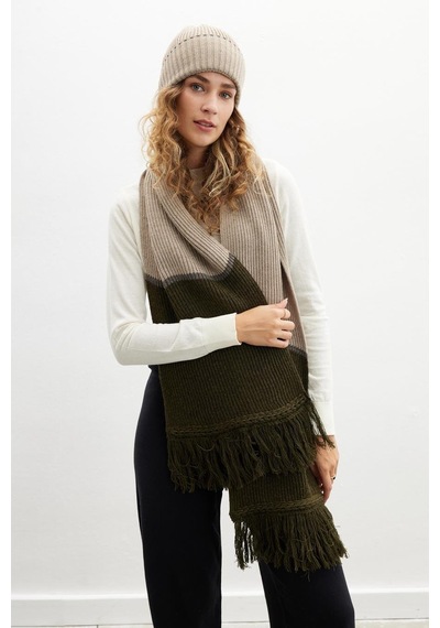 Peraluna Sorrel Scarf Çizgi Detaylı Püsküllü Kadın Triko Atkı - Sütlü Kahve Sütlü Kahve
