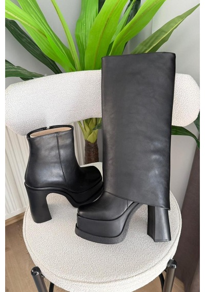 Asmi Shoes Kadın Estiva Platform Topuklu 12 Cm Tak Çıkar Bot Çizme Siyah Siyah