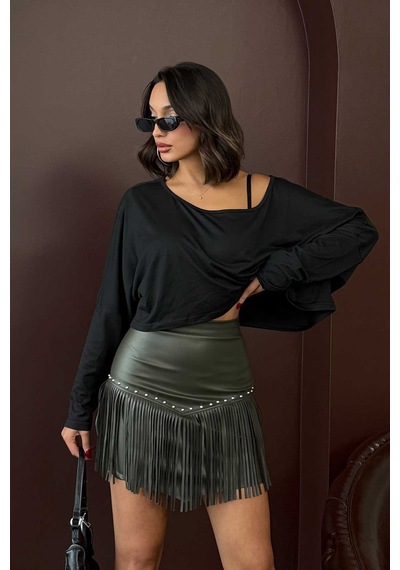 Verymoda Western Tarz Püsküllü Mini Deri Etek F2041 Haki