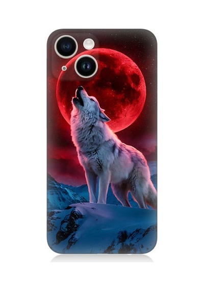 Apple Uyumlu iPhone 14 Kırmızı Ay Kurt Desenli Silikon Kılıf Silikon