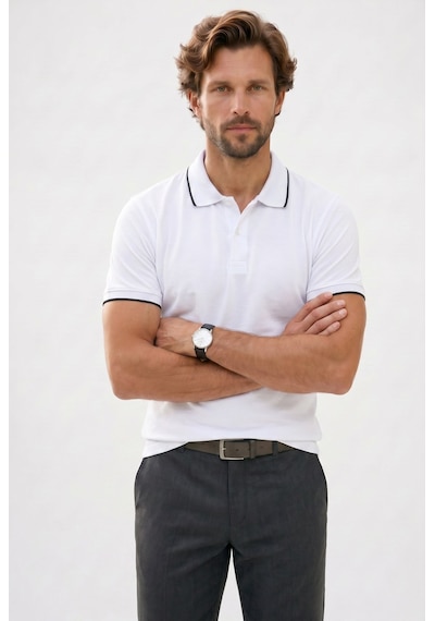 Tudors Erkek Regular Fit Klasik Kesim %100 Pamuk Kısa Kollu Çizgi Detaylı Beyaz Polo Yaka Tişört-50850