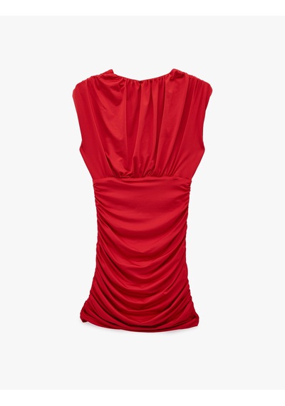 Koton Slim Fit Kolsuz V Yaka Drapeli Mini Elbise Kırmızı 6sak80119ek Kırmızı