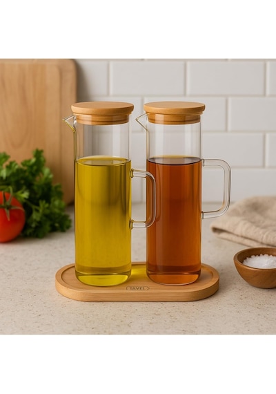 Arvale Lavino 3 Parça 400 Ml Borosilikat Yağlık - Bambu Altlık Ve 2 Adet Bambu Kapaklı Cam Yağdanlık Diğer