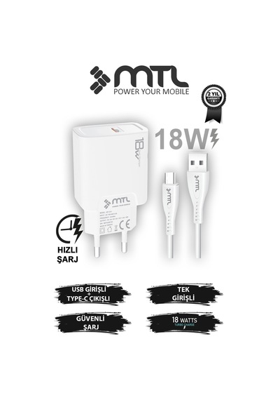 18w Qc 3.0 Destekli Hızlı Şarj Usb Adaptör + Type-c Usb Kablo Şarj Cihazı Seti Mt1312