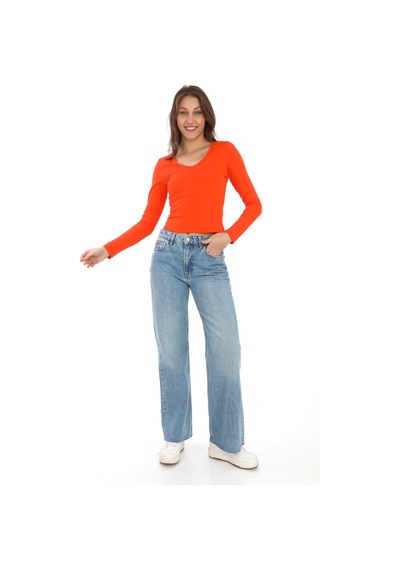 V Yaka Slim Fit Tişört-mercan Mercan