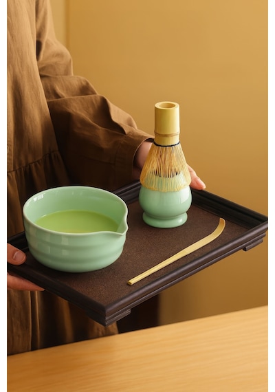 4lü Matcha Set Kase Kaşık Whisk Tutucu Bambu Whisk Çırpıcı Ve Bambu Kaşık Mt217 Yeşil