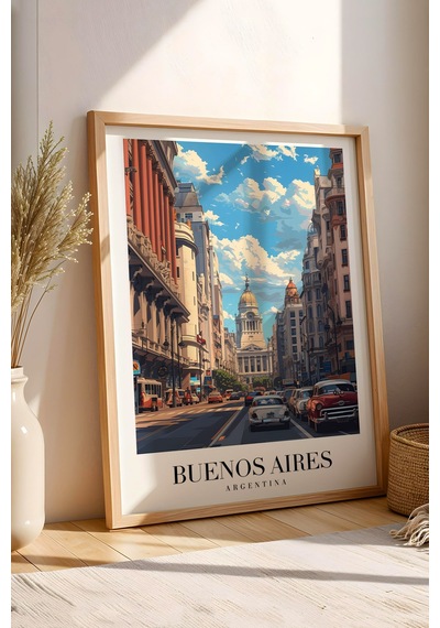 Buenos Aires Argentina Vintage Seyahat Posteri Çerçeveli Tablo - Premium Şehir Elit Duvar Dekoru Kayın