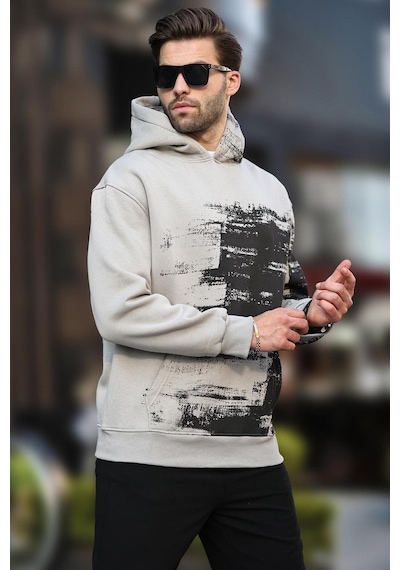 Madmext Boyalı Gri Kapüşonlu Desenli Cep Detaylı Erkek Sweatshirt 7059-boyalı Gri Boyalı Gri