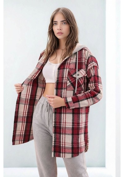 Mamayaga Kadın Desen Bloklu Oduncu Oversize Geniş Kalıp Casual Cepli Kapüşonlu Uzun Boy Ceket Gömlek Kırmızı Mamayaga Kadın Desen Bloklu Oduncu Oversize Geniş Kalıp Casual Cepli Kapüşonlu Uzun Boy Ceket Gömlek Kırmızı