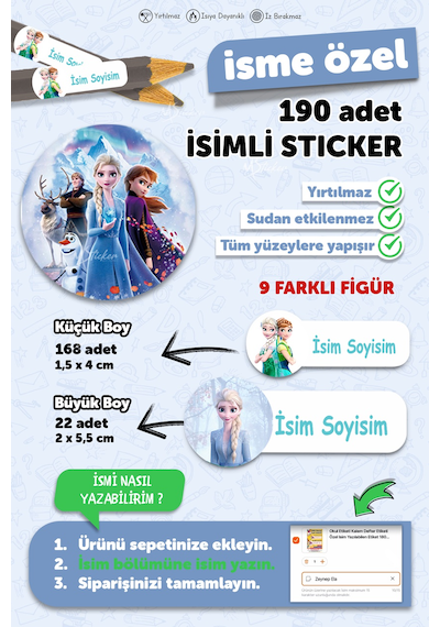 Okul Etiketi Kalem Defter İsimli Etiket Isim Yazılabilen Prenses Temalı - 190 Adet Özel Yeni Tasarım