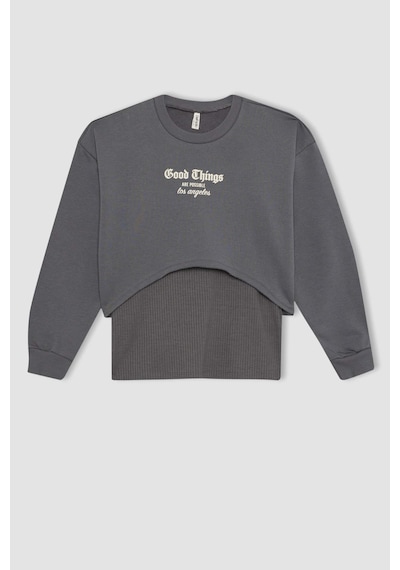 Defacto Kız Çocuk Baskılı Crop Bisiklet Yaka  Sweatshirt Askılı Atlet 2'li Takım B2517A823WNGR449 Gri