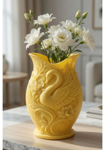 Kuğu Desenli Dekoratif Vazo 15 Cm 3d Baskılı Mat Dokulu Şık Masa Ve Raf Dekoru Sarı