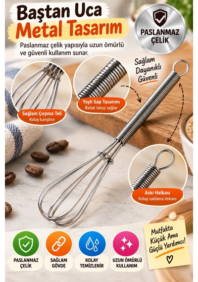 6'lı Mini Çırpıcı Seti 13 Cm Paslanmaz Çelik Çay Kahve Yumurta Sos Karıştırıcı Yaylı Mutfak Çırpıcı Gümüş