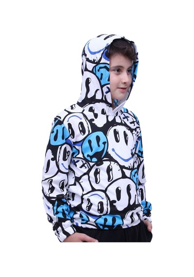 Fyk Kids Gülen Yüz Desenli Kapşonlu Unisex Sweatshirt Mavi