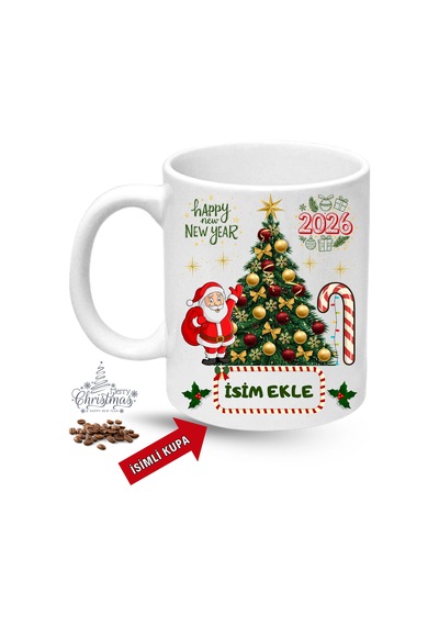 Yılbaşı Hediyesi Christmas Çam Ağacı İsimli Baskılı Porselen Kupa Bardak Beyaz