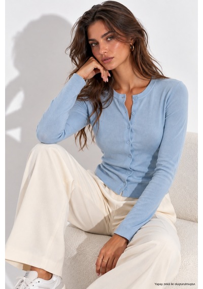 Wild Bee Kadın İndigo Pamuklu Vücudu Saran Düğmeli Basic Hırka Bluz Indigo