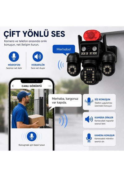 Uninet Aov Teknolojili 4g Solar Güvenlik Kamerası Düşük Güç Tüketimi, Kesintisiz Izleme Ve Anlık Kayıt 4 Kameralı 3 Kamerası Dönebilen Ptz + 1 Sabit Lens, Gece Görüşü Ve Siren