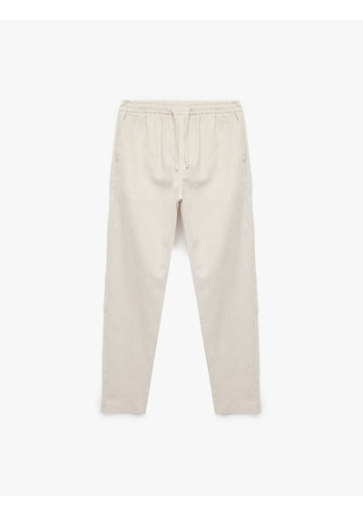 Koton Keten Pamuk Karışımlı Cep Detaylı Beli Bağcıklı Çizgili Chino Pantolon Bej Desenli 5sam40075hw Ekru