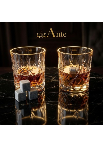 Tr Gigante Deluxe Bohemia Kristal Viski Bardağı Seti, 320 Ml, 2 Bardak Ve 6 Mermer Viski Taşı, Kristal Kesim Desen, Diğer
