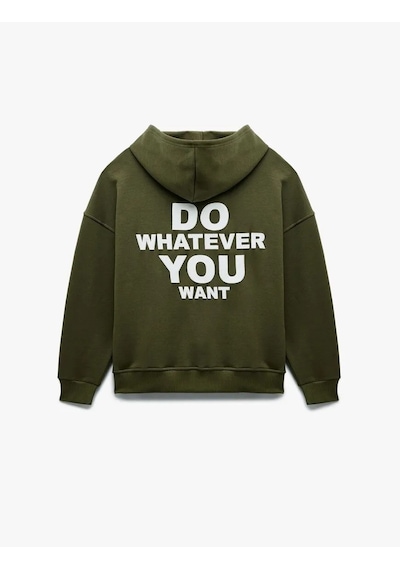 Koton Şardonlu Baskılı Fermuarlı Kapüşonlu Kadın Oversize Sweatshirt 6wal10142ık Haki