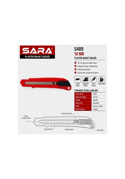 Sara S489 Plastik Maket Bıçağı 18 Mm Kırılabilir Bıçak, Kademeli Sürgü, Kırmızı/siyah