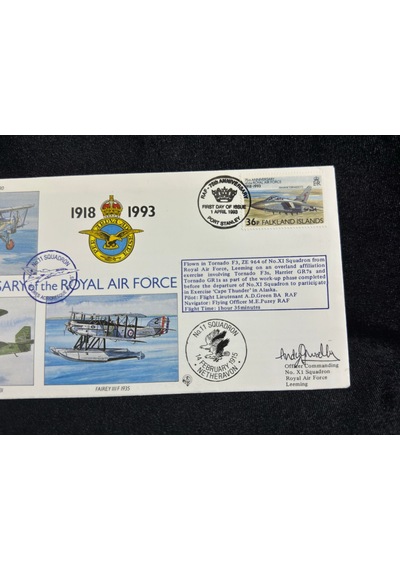 Falkland İslands İngiltere Kraliyet Hava Kuvvetleri 75. Yıldönümü İlk Gün Zarfı 19993 75th Ann. Of The Royal Air Force Fdc Islak İmzalı Limited