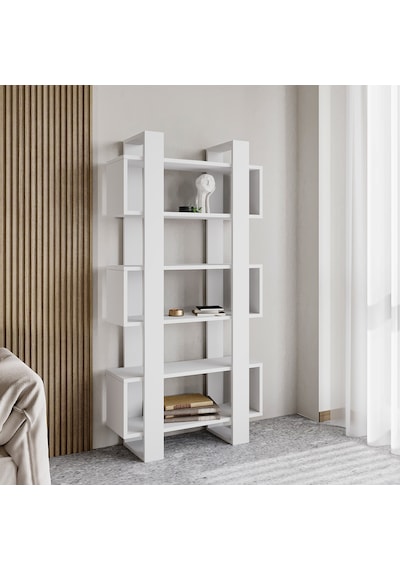 Milano Kitaplık, Raflı Kitaplık, Kütüphane, Çalışma Odası, Ev-ofis, Beyaz - Beyaz Beyaz