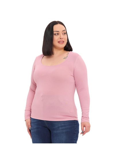 Disentis Büyük Beden U Yaka Uzun Kollu Viskon Pembe Body Pembe