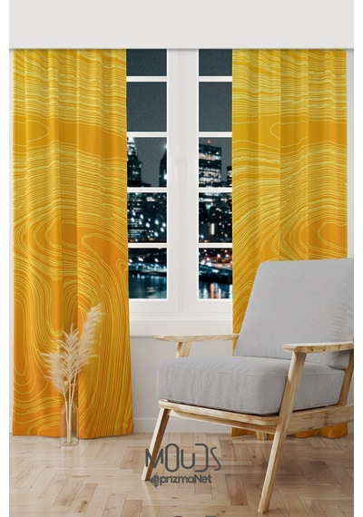 Yellow Wave Stile Desenli Süet Oturma Odası Salon Fon Perde Baskılı Ekstrafor Büzgü 2 Kanat Prd-1059 Çok Renkli
