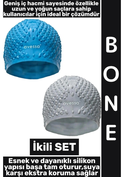 Bone Yumuşak Elastik Silikon Havuz Deniz Yüzme Kulağa Su Kaçırmaz Büyük Beden Saç Bonesi İkili Set Çok Renkli