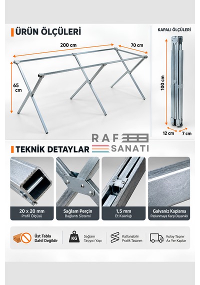 200 Cm Pazarcı Tezgahı Kampet Katlanır Portatif Galvaniz Tezgah, Seyyar Satış Ve Fuar Standı Tahta Hariç Açık Gri