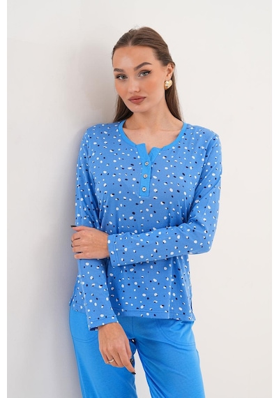 Çift Kaplan Kadın Pamuk Puantiyeli Açık Patlı Mavi Pijama Takımı 7037 Mavi