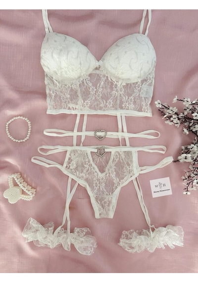 Mh Moony Homewears Room Gelin Taş Detaylı Jartiyer Set Beyaz