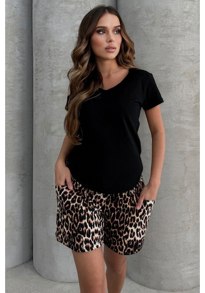 Lesa Wear Yüksel Bel Bol Kesim Keten Görünümlü Çift Cepli Şort Leopar