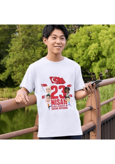 Alpşan Ticaret 23 Nisan Baskılı Unisex Çocuk/yetişkin Tişört Çift Taraflı Baskı Çocuk Bayramı T-shirt 38 Beyaz
