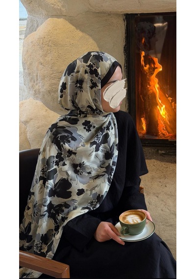 Qalortex Scarf Pamuklu Garden Desen Şal-siyah