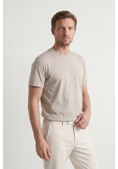 Elemge Pamuk Likra Vücuda Oturan Magic Fit Bej Erkek T-shirt Compact Penye Kısa Kol Esnek Tişört Elastan
