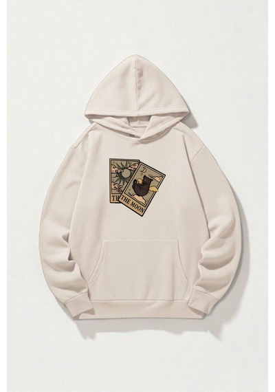 Uyguntarz Unisex The Moon Tarot Kart Tasarım Baskılı Kapüşonlu Sweatshirt Bej
