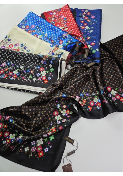 Miorel Scarfs Lv Desen Çiçekli İthal Vual İpek Şal Aksesuar Fular Silk Scarfs Shawl Hijab Lacivert