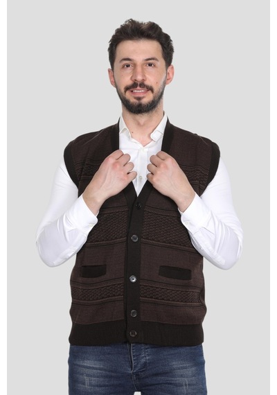 Kzc Tekstil Erkek Baba Orta Yaş Ve Üzeri Triko Örgü Akrilik Kışlık Kalın Dokulu Düğmeli Cepli Baba Yelek Kahverengi