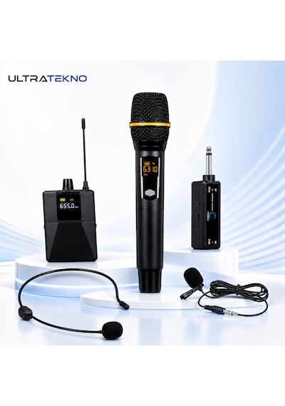 Ultratekno Uhf Kablosuz Mikrofon Seti El Yaka Çene Mikrofonlu 6.5 Mm Alıcılı 3.5 Mm Çeviricili Şarjlı Profesyonel Ses Sistemi