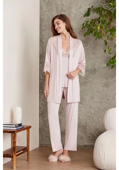 Pierre Cardin 2820 Kadın Pudra Dantelli Penye 3'lü Sabahlıklı Pijama Takım 001