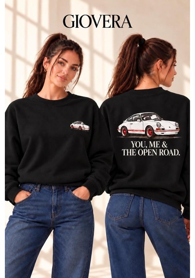 Gıovera Premium Kadın Oversize Sweatshirt %100 Pamuk 3 İplik Şardonlu Klasik Araba Ve Slogan Baskılı Bisiklet Yaka siyah