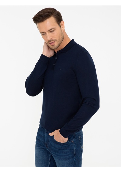 Cacharel Lacivert Slim Fit Polo Yaka Basic Triko Kazak