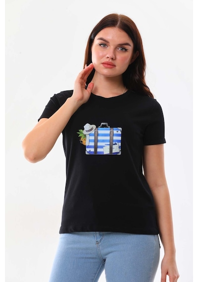 Sistas Kadın Pamuklu Resim Detaylı Kısa Kol Bluz 23097 Siyah